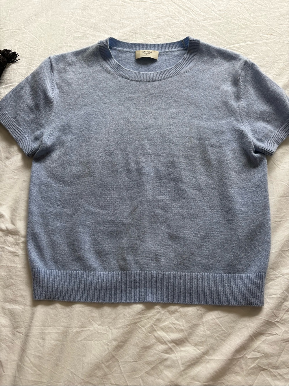 Aritzia Pale Blue Short Sleeve Cashmere Crewneck Sweater